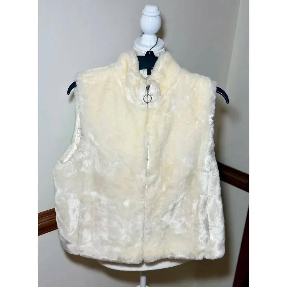 Ann Taylor LOFT Ivory Faux Fur Zip Vest Large
